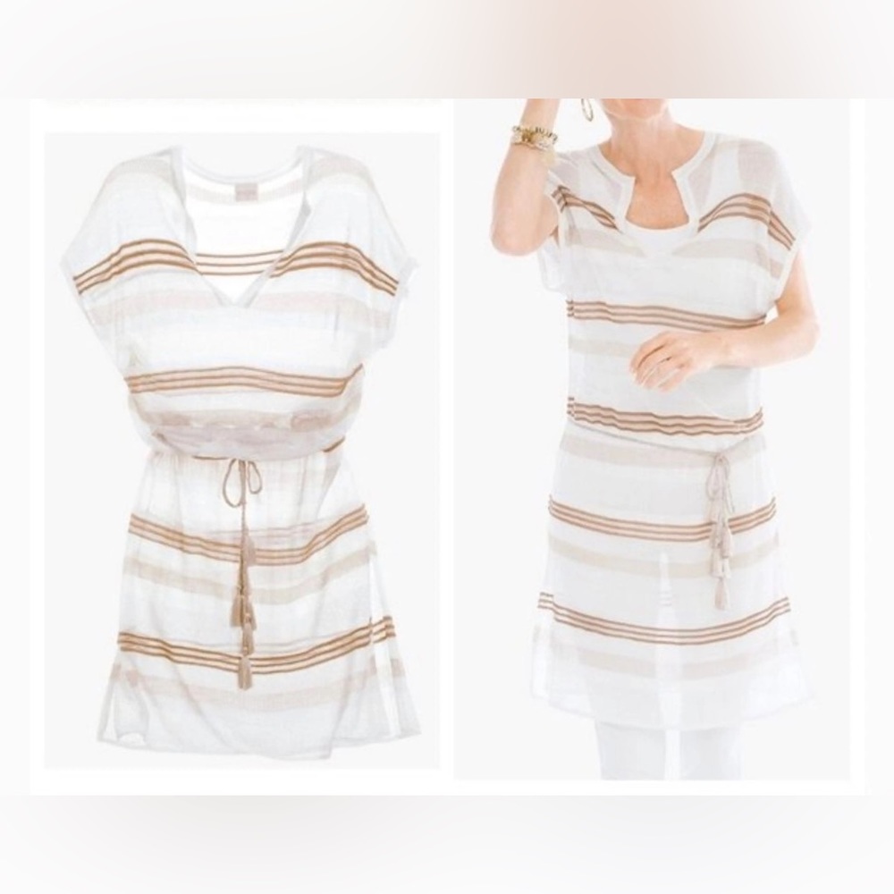 CHICO’S | Swim cover up | Knit sheer dress | Cord tassel tie waist| Cinched back
